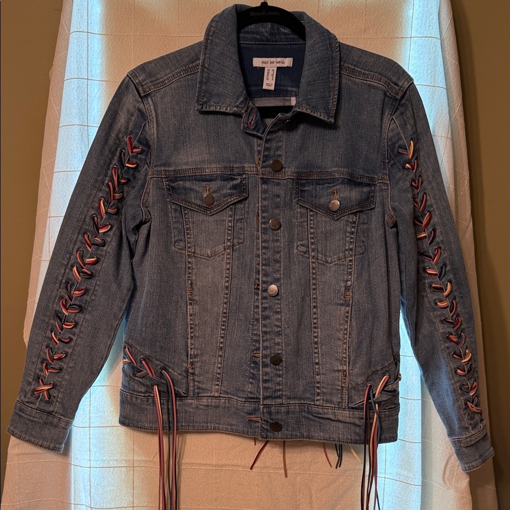 Peace Love World Blue Jean Jacket with Lace-Up Sleeves